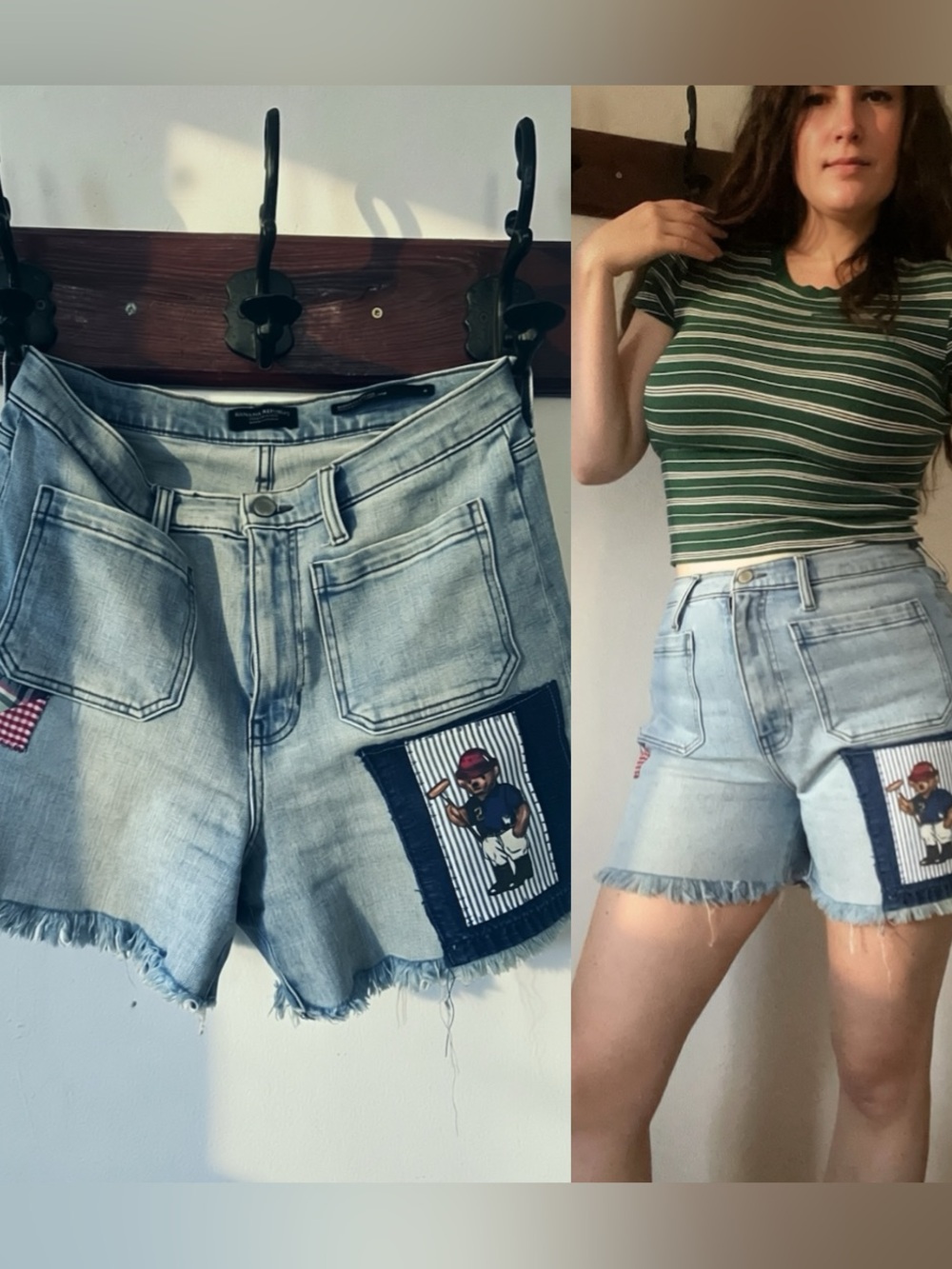 Faded high waisted Denim Ralph Lauren Polo Bear Croquet Patch cutoff shorts